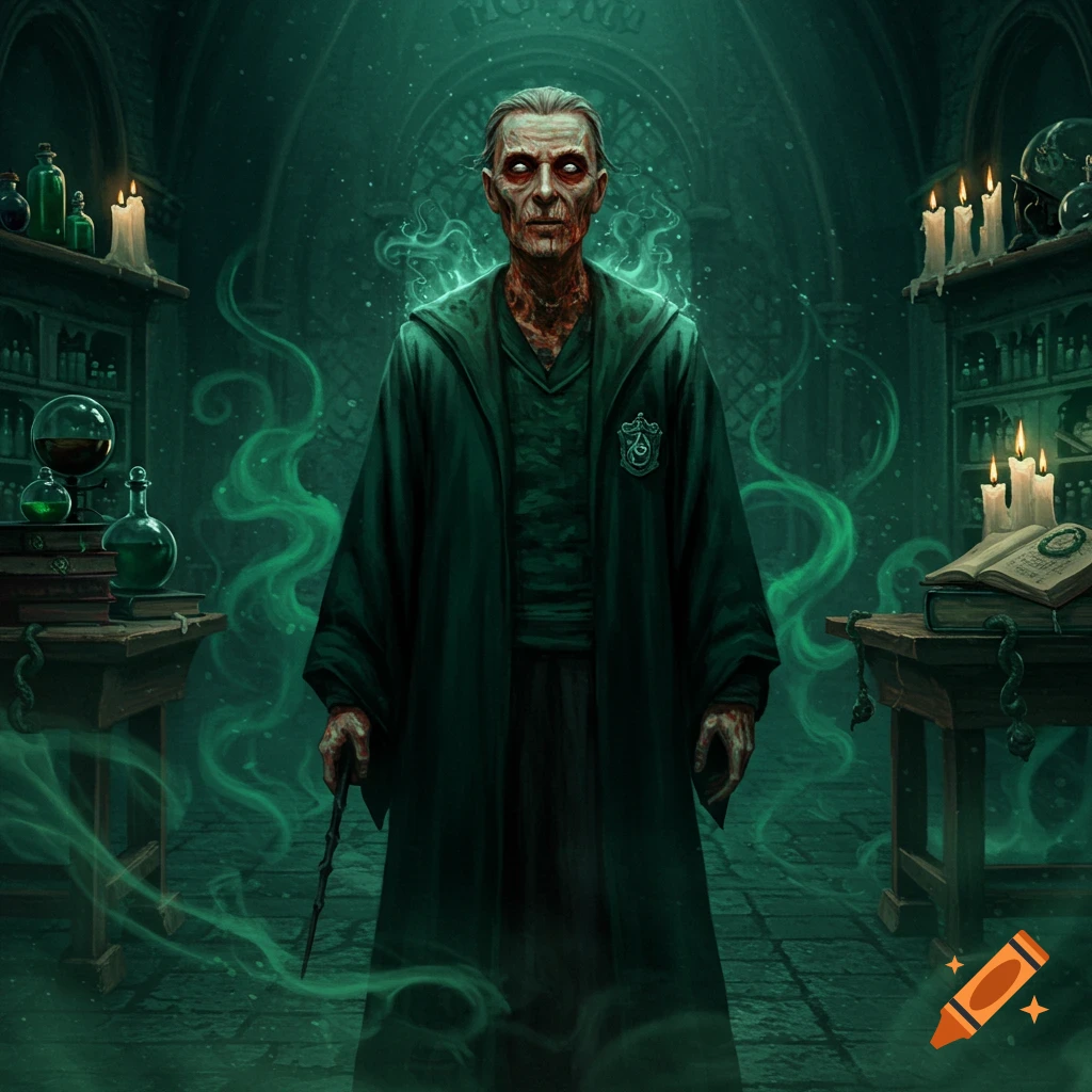 A gaunt, red-eyed wizard in a Slytherin robe stands in a dark, mist-filled potion room.