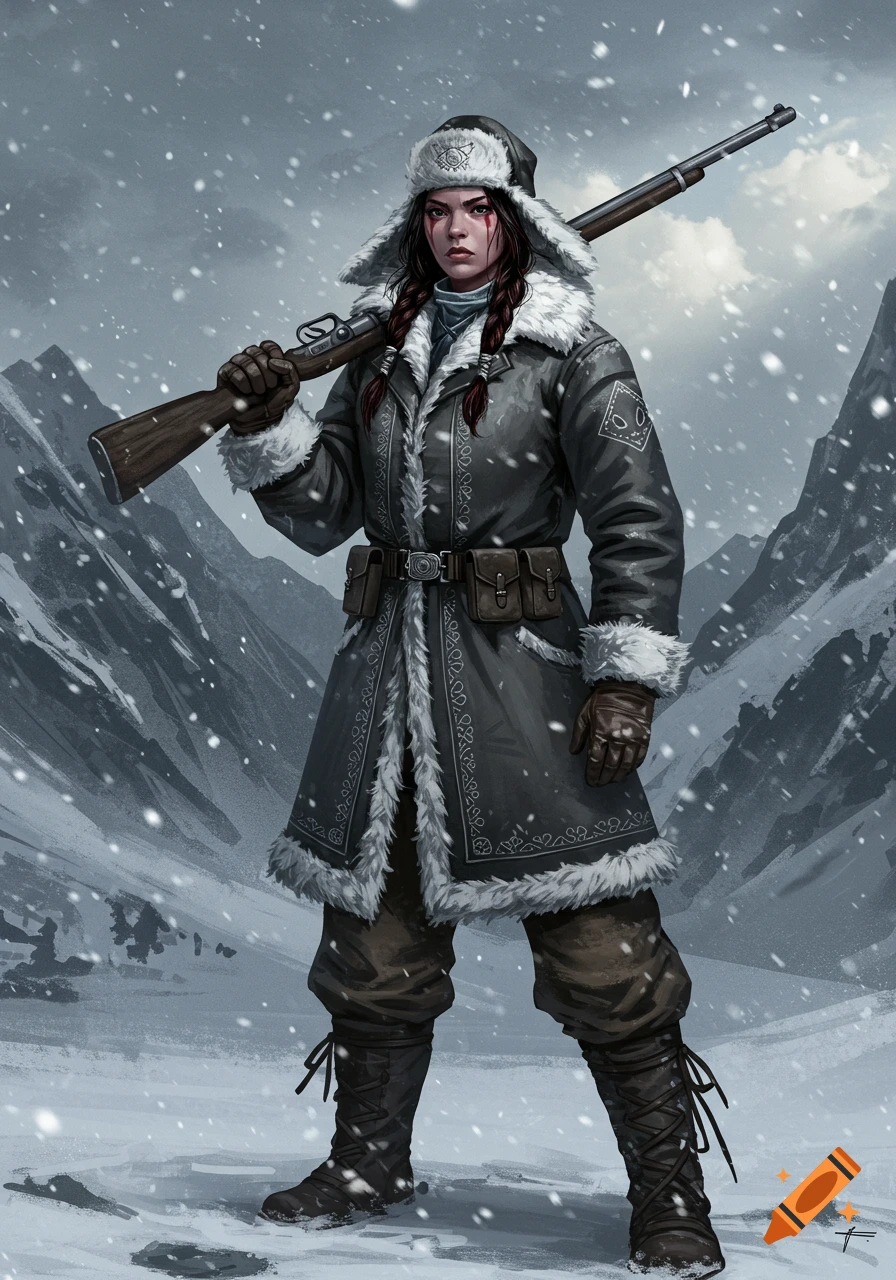 A female warrior in a fur-lined winter coat holds a rifle over her shoulder, standing in a snowy mountain landscape as snow falls. Digital painting.