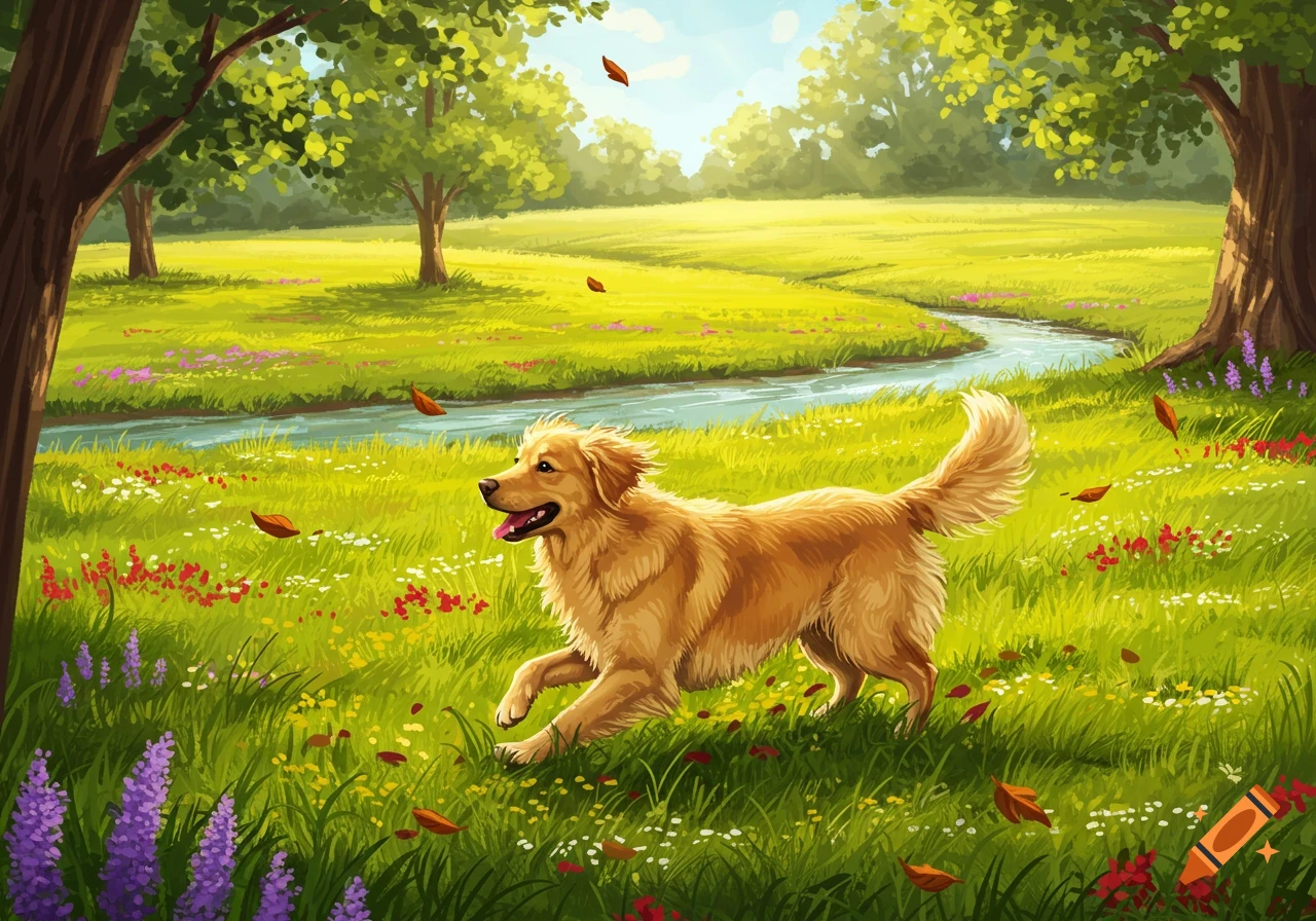 A happy golden retriever runs through a sunny, green meadow with a stream, trees, and colorful flowers in a stylized illustration.