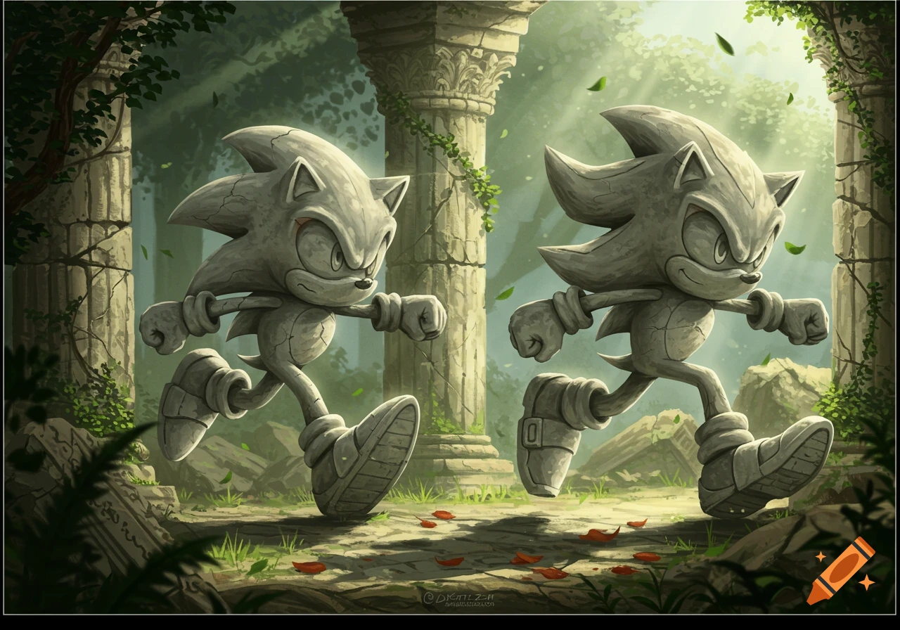 Stone statues of Sonic and Shadow the Hedgehog stand in ancient, overgrown ruins with light shining through the trees.