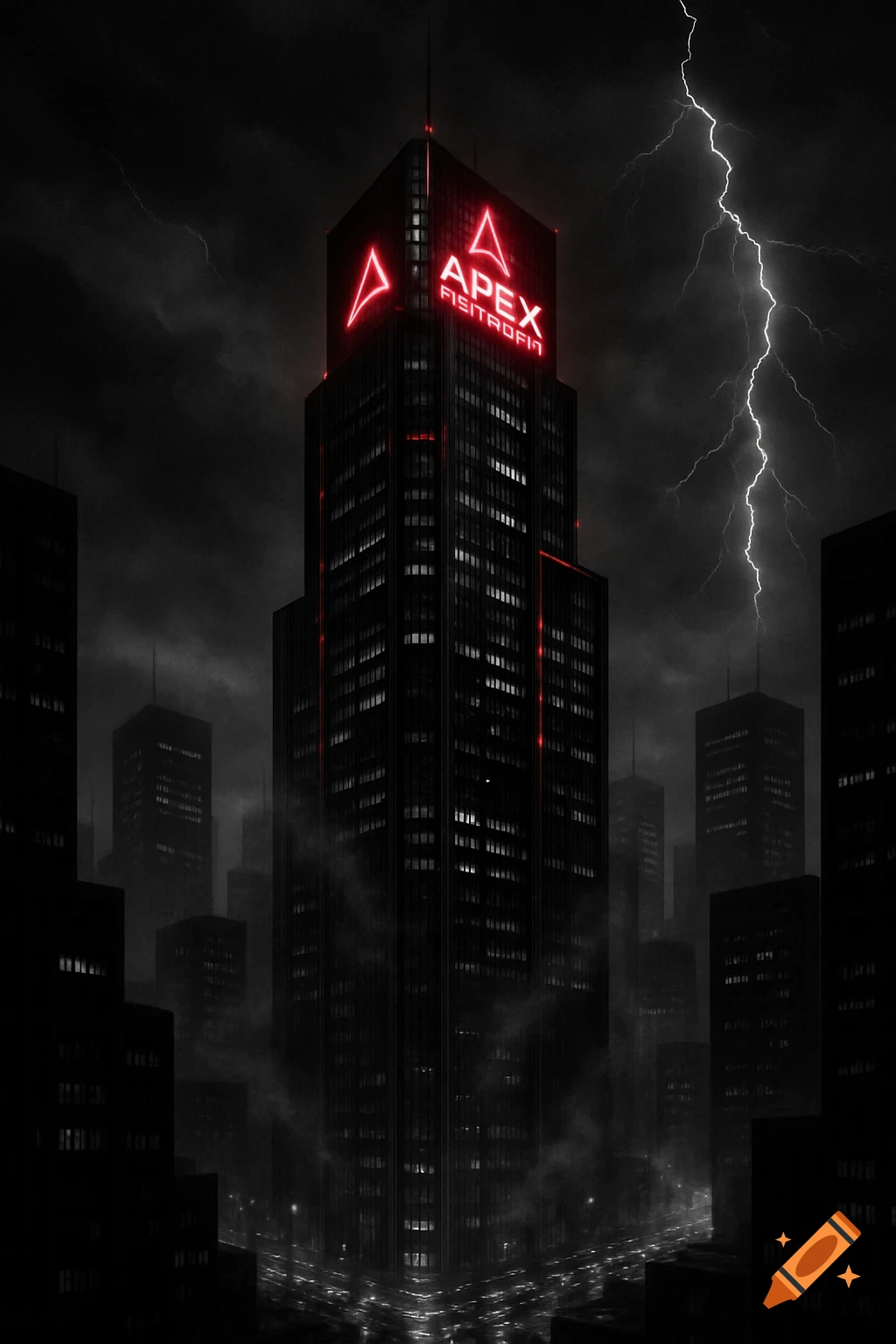 A tall, dark skyscraper with a glowing red sign stands illuminated by lightning in a stormy city.