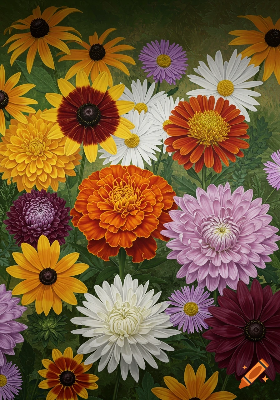 A vibrant floral mural featuring an assortment of colorful flowers, including orange marigolds, purple asters, white daisies, yellow and red black-eyed Susans, and pink chrysanthemums.