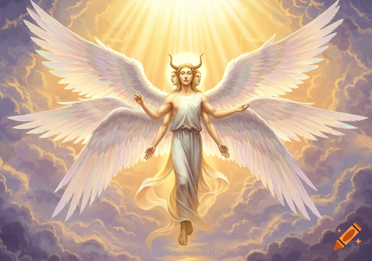 An angelic figure with multiple faces and many arms floats amidst clouds, bathed in divine light.