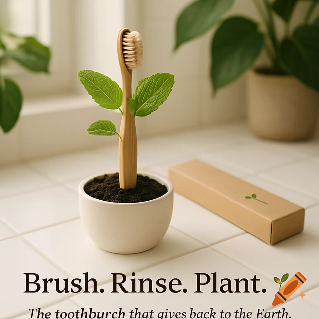 A bamboo toothbrush planted in a small white pot with green leaves sprouting from it, sitting on a white tiled bathroom countertop next to a brown box. Text overlay reads "Brush. Rinse. Plant." with a subtext.