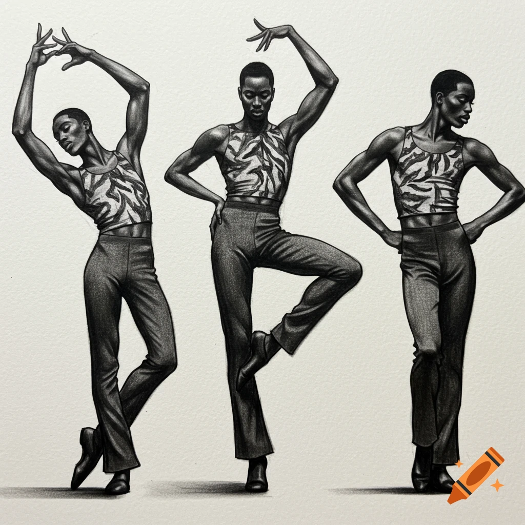 Three charcoal sketches of a Black man in different voguing dance poses, wearing patterned sleeveless tops and flared pants.