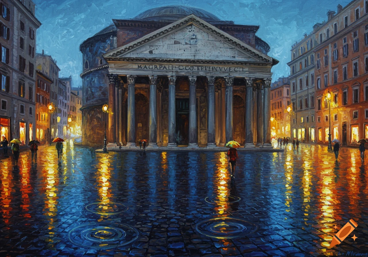 An impressionist oil painting of the Pantheon in Rome at dusk, with reflections on a wet, rainy cobblestone street. Figures with umbrellas walk in the distance, illuminated by streetlights.