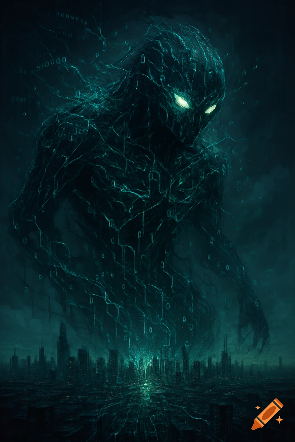 A shadowy, monstrous figure made of glowing green binary code and circuit lines looms over a dark, futuristic city at night.