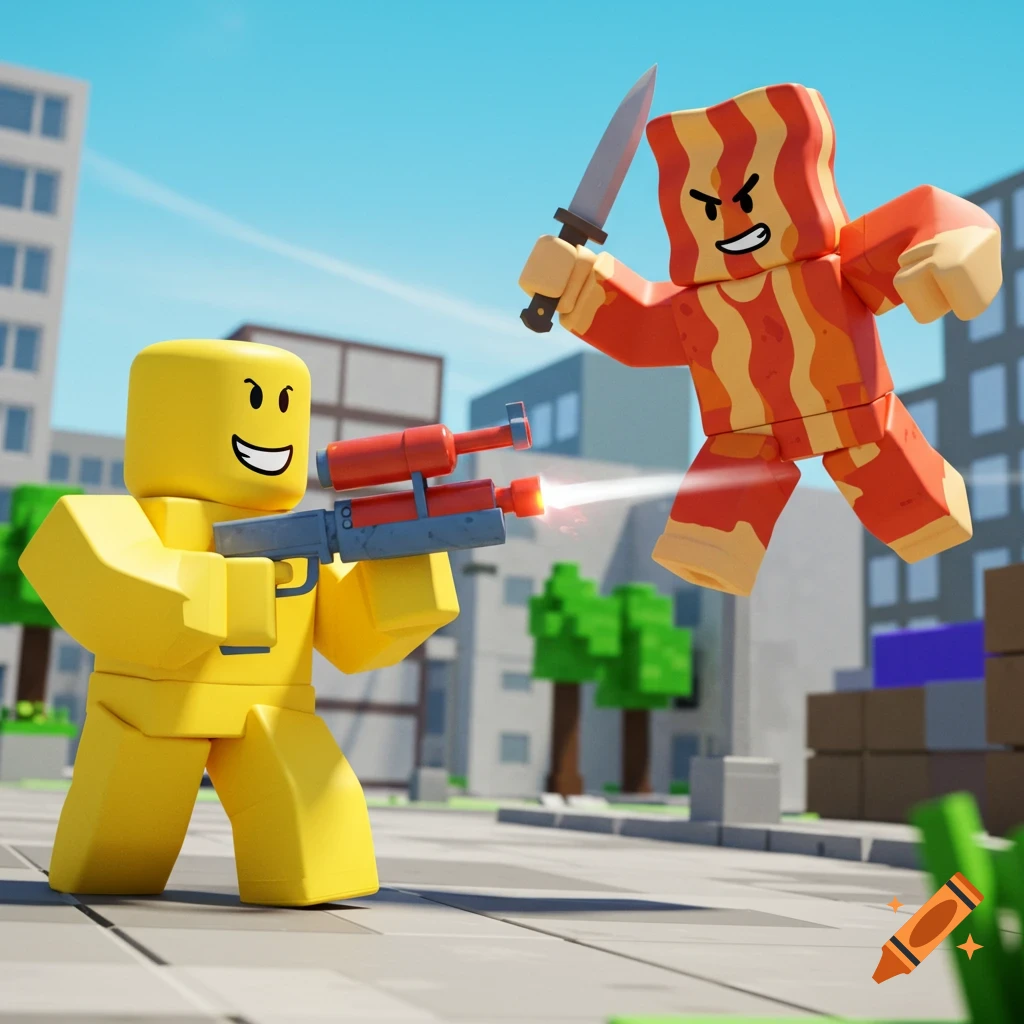 A yellow Roblox 'noob' character shoots a laser gun at a bacon-patterned Roblox character with a knife in a blocky 3D city scene.
