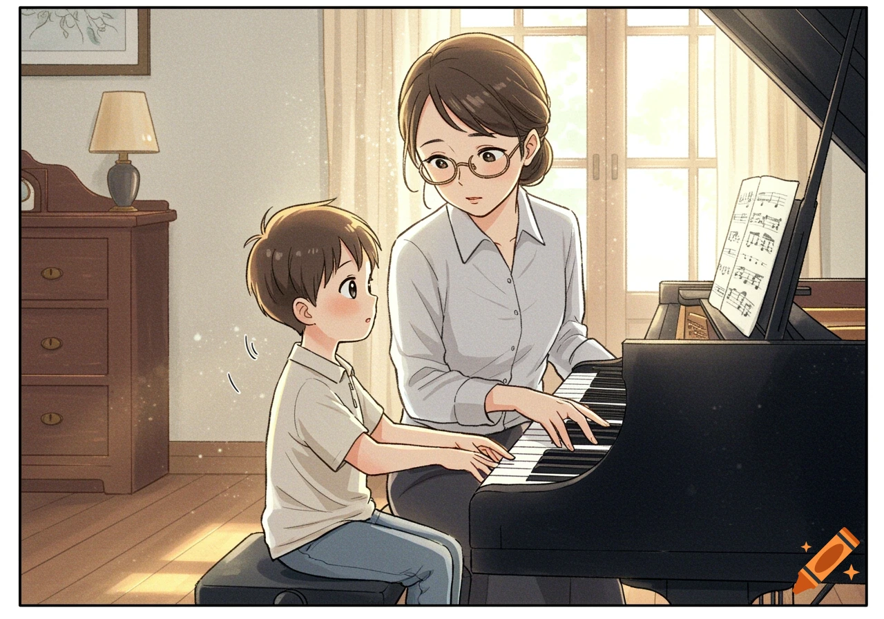 A manga-style illustration of a female piano teacher with glasses teaching a young boy to play the piano.