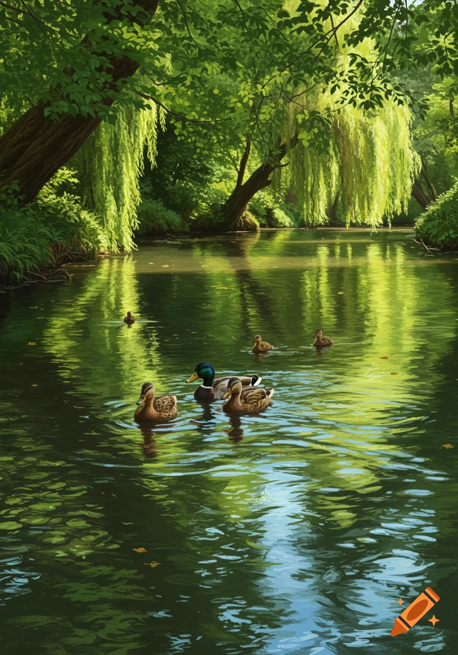 Ducks swimming in a green river surrounded by lush trees and weeping willows, with reflections on the water.