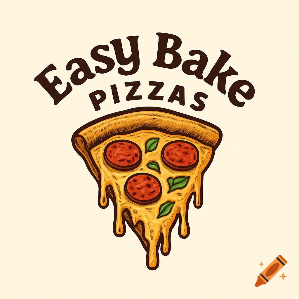 Cartoon logo featuring a slice of pepperoni pizza with melting cheese, and the text 'Easy Bake PIZZAS' arching above it.