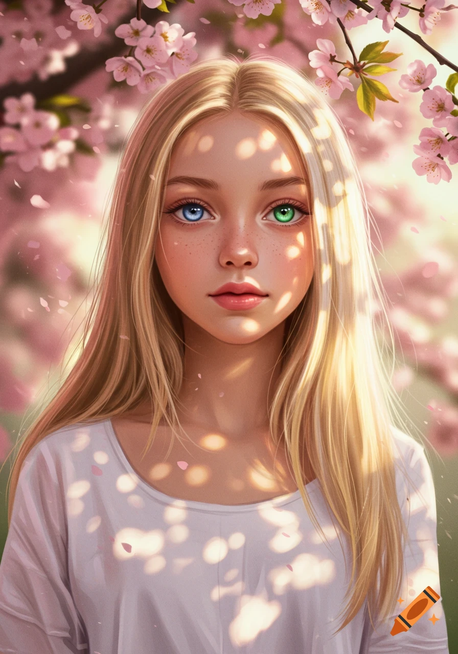 Digital art portrait of a young girl with long blonde hair, blue and green heterochromatic eyes, and freckles, surrounded by pink cherry blossoms.