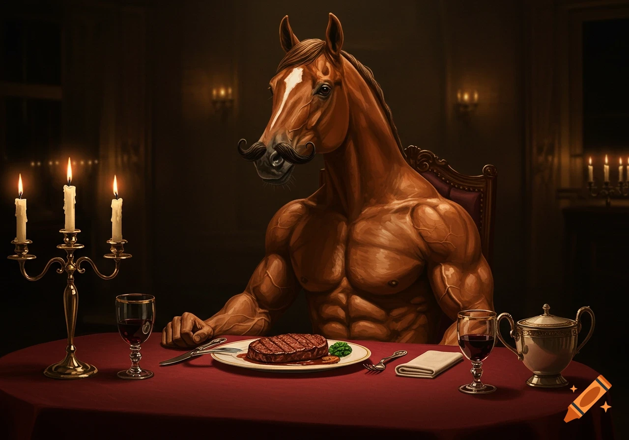 Muscular man with a horse head and a mustache sits at a dimly lit formal dinner table with steak, wine, and candles.