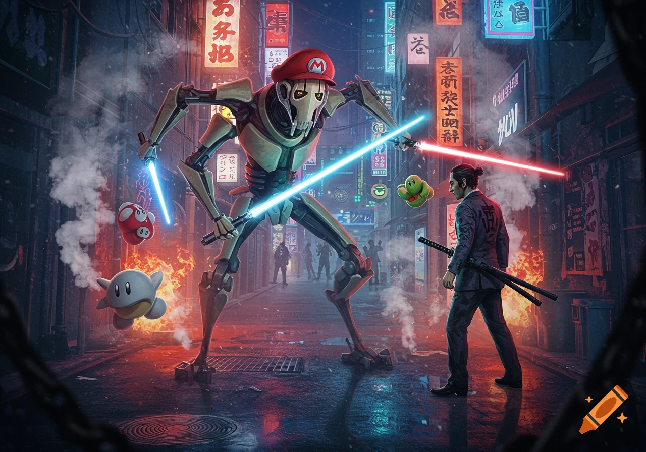 General Grievous in a Mario hat fights a man with a katana on a neon-lit cyberpunk street, with a mushroom and Kirby-like character floating nearby.