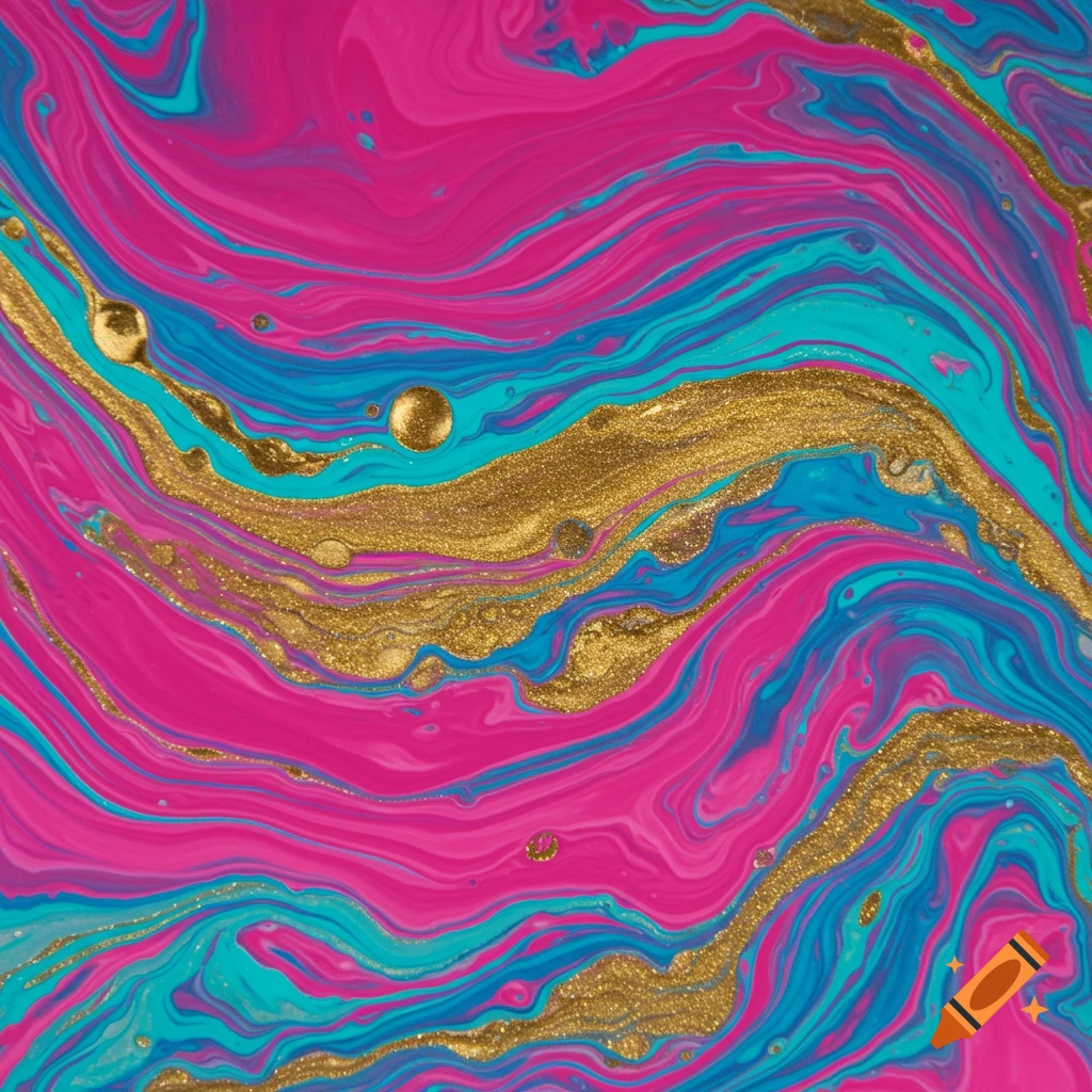 Vibrant abstract fluid art with swirling patterns of hot pink, turquoise, and metallic gold.