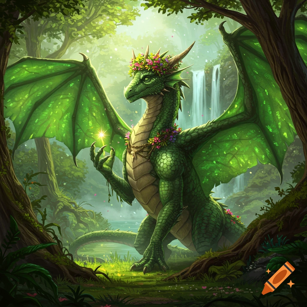 A majestic green dragon with a flower crown and necklace holds a glowing orb in a lush forest with a waterfall.