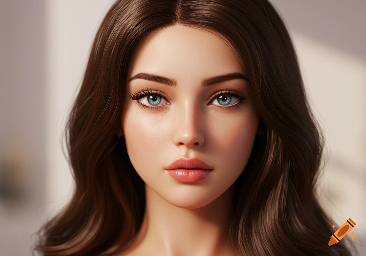 Close-up photorealistic portrait of a young woman with long brown hair and blue eyes.