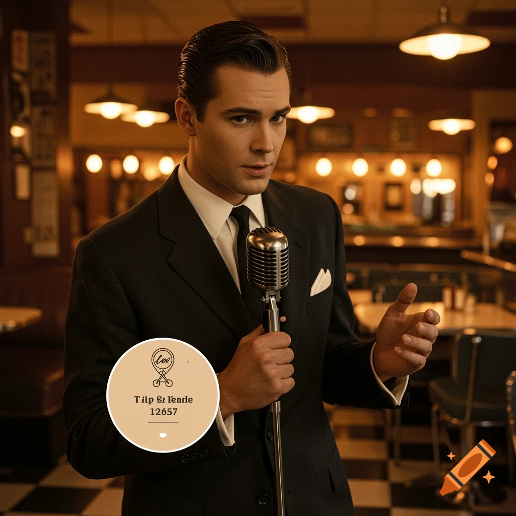 A dapper man in a suit holds a vintage microphone and gestures in a 1950s-style diner.