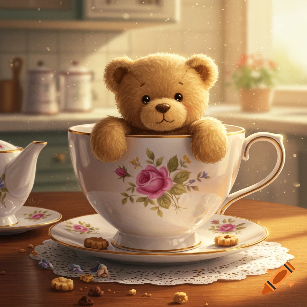 A cute fluffy teddy bear peeks out of a floral patterned teacup on a wooden table, surrounded by scattered cookies and sunlit kitchen background.