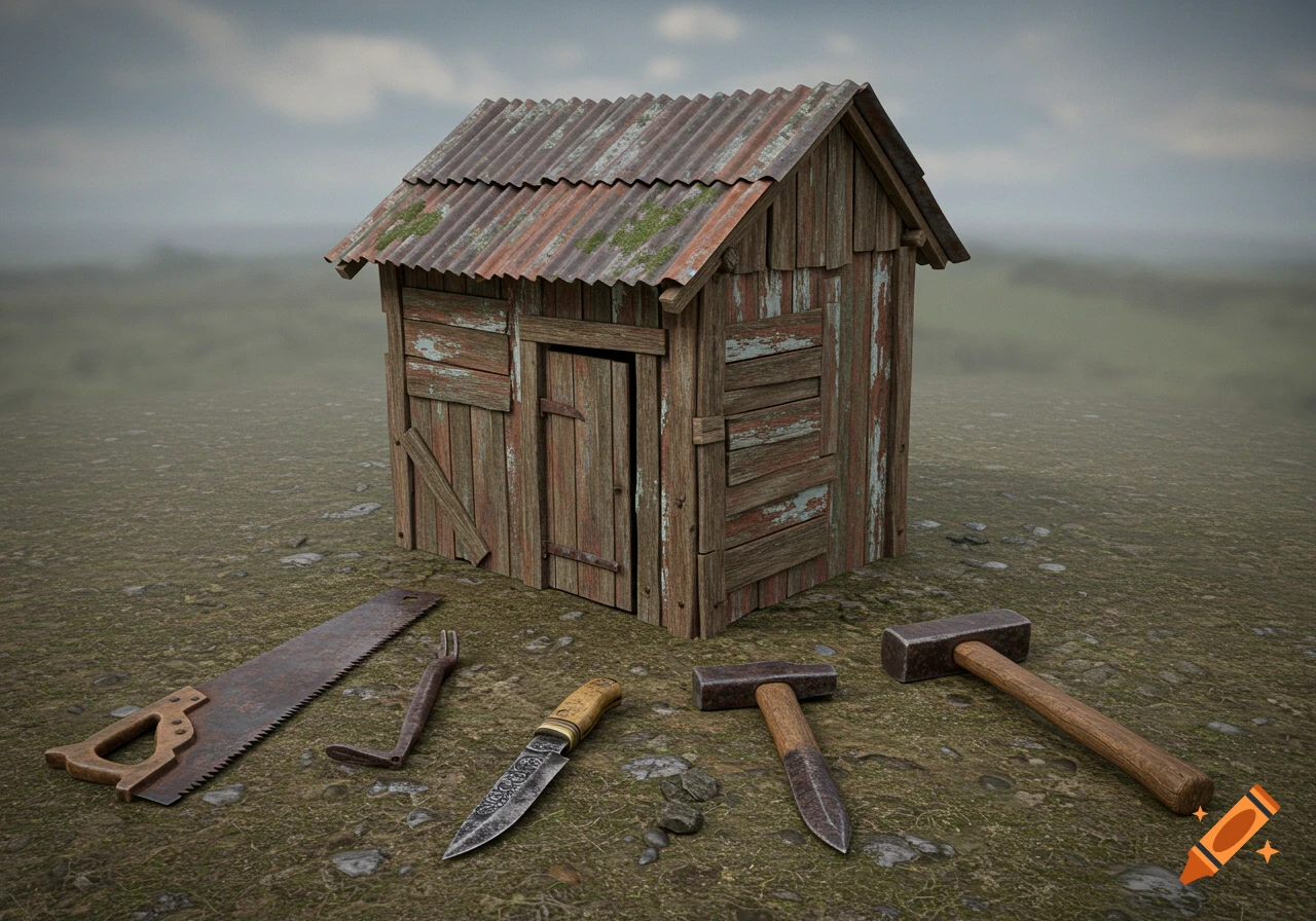 A rundown wooden hut with a corrugated metal roof stands on a grassy, stony ground, surrounded by a rusty saw, a hammer, a small pick, and a knife in a photorealistic style.