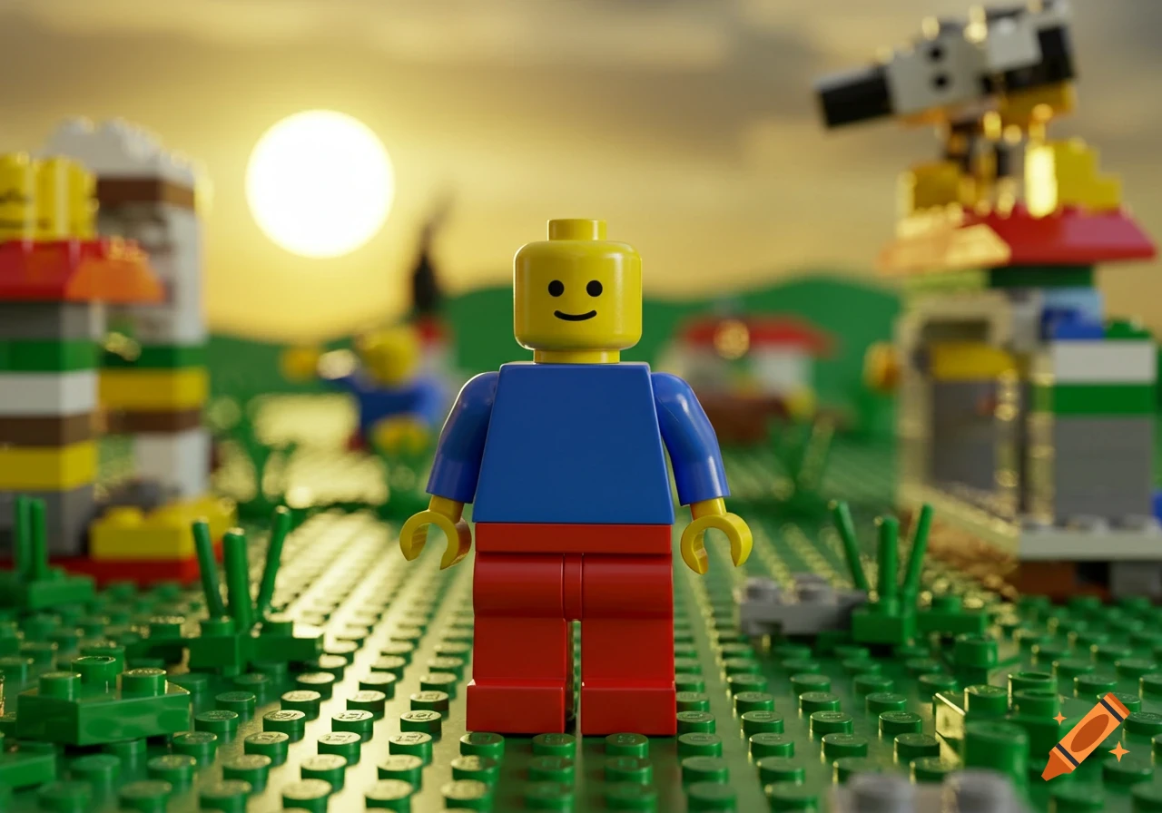 A Lego man in a blue shirt and red pants stands on a green Lego baseplate with other Lego structures and a bright sun in the background.