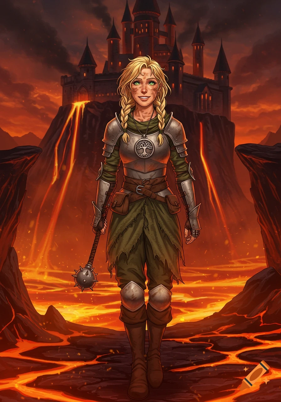 Anime woman paladin with braids and a mace, smiling and walking in a fiery volcanic landscape with a castle.