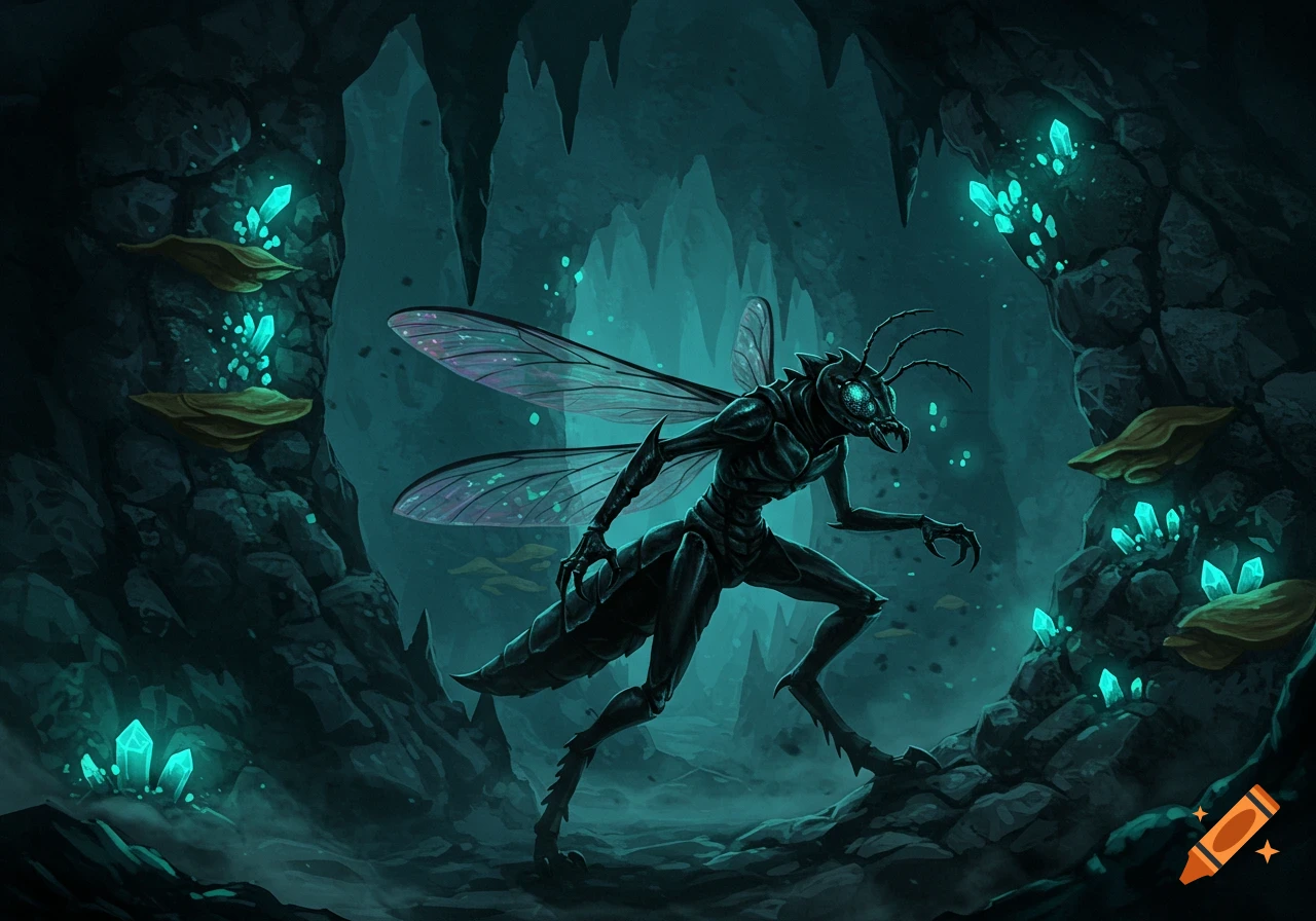 A dark insectoid creature with glowing eyes and translucent wings prowls in a mystical cave filled with glowing teal crystals.