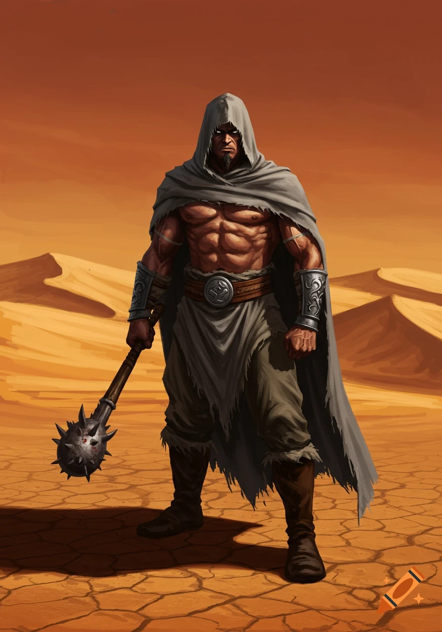 Full-body portrait of a burly human barbarian in a hooded grey cloak, holding a spiky club, standing in a cracked desert.