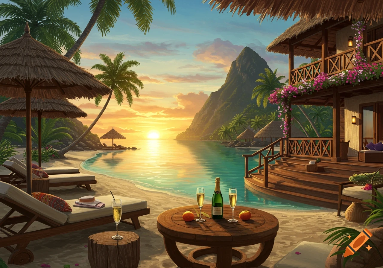 A serene sunset over a tropical beach, featuring a luxurious resort building with a large balcony, beach chairs, and a table with champagne and fruit in the foreground.