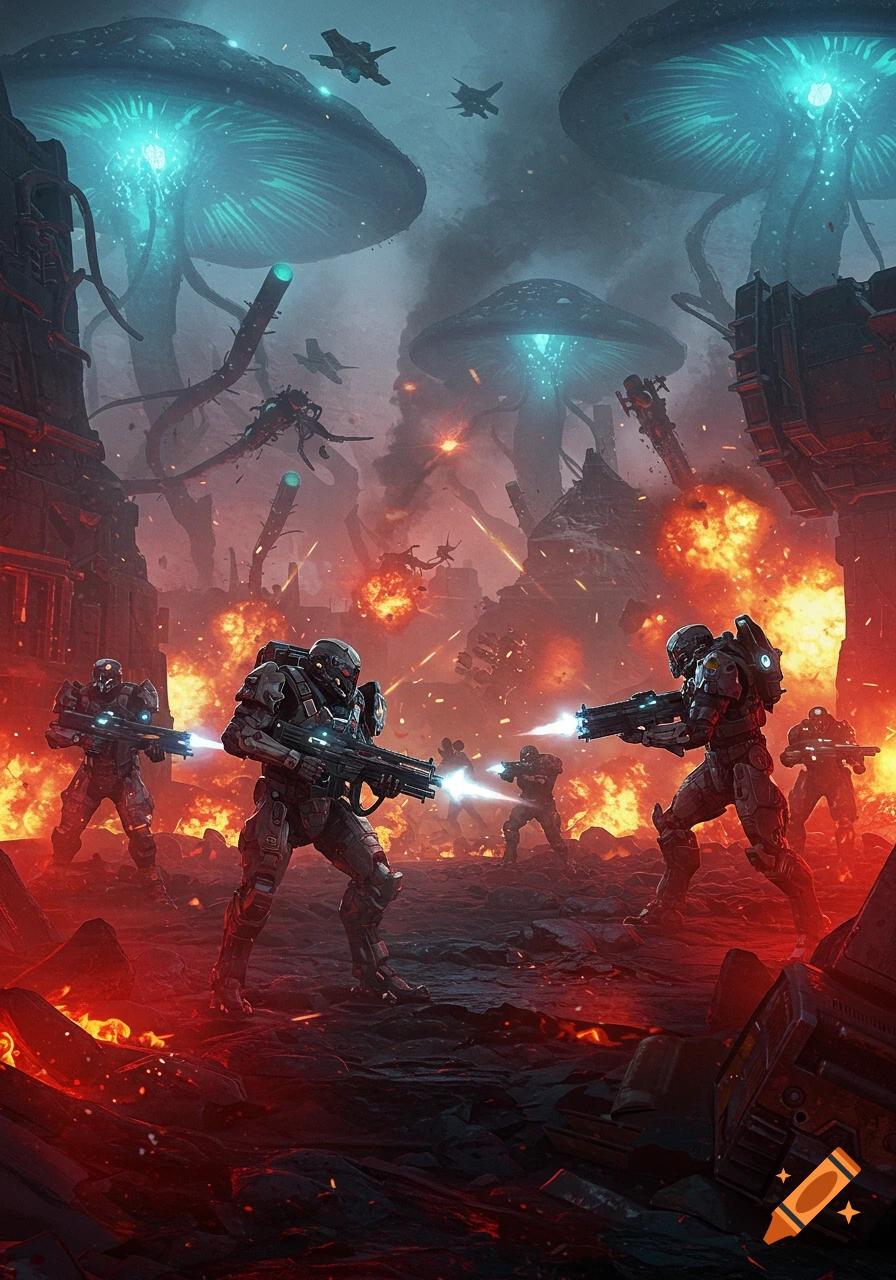 Armored soldiers battling in a sci-fi war zone with giant glowing mushrooms and explosions.