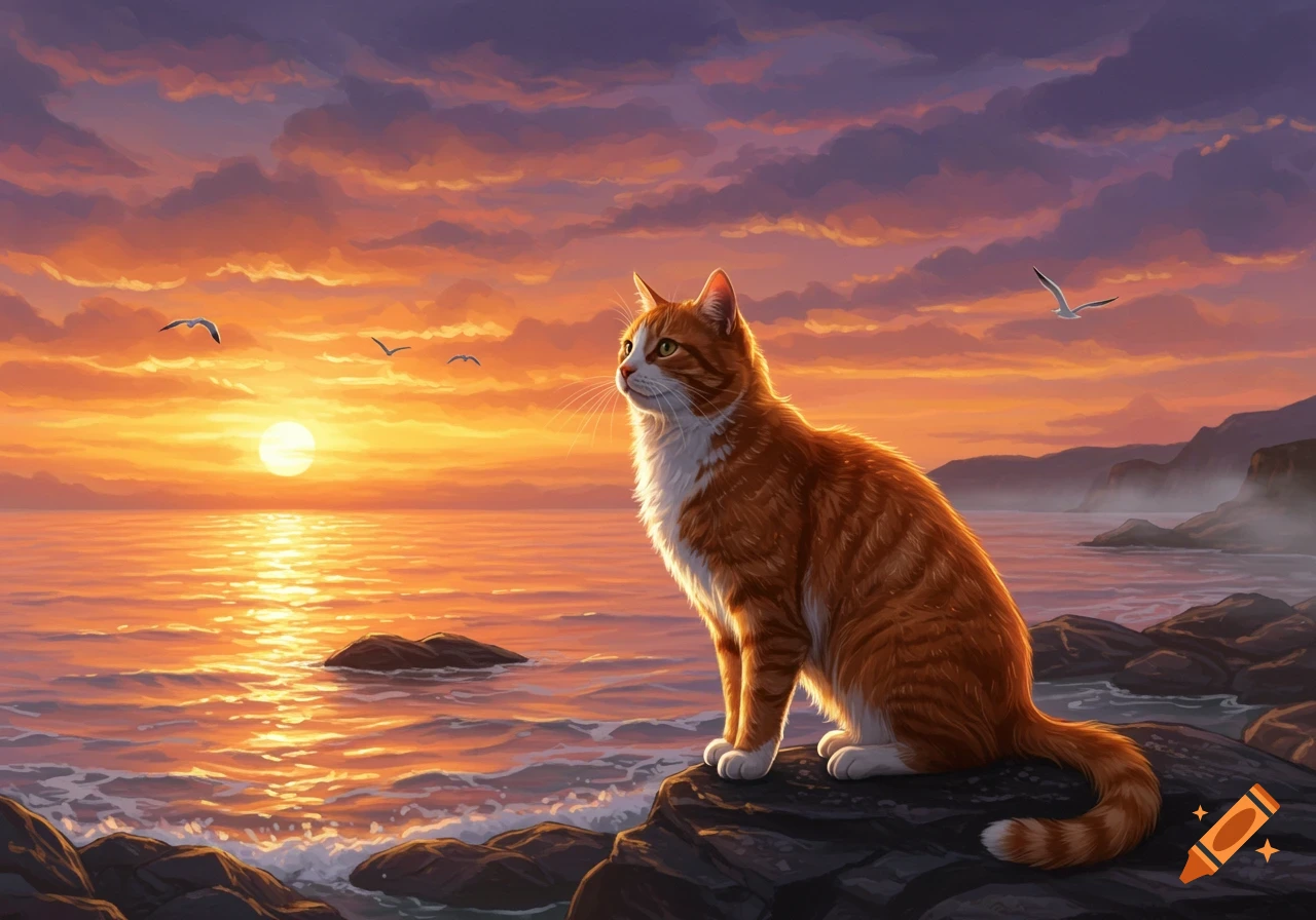 A vivid digital painting shows a ginger and white cat sitting on dark rocks by a bright orange sunset over the ocean.