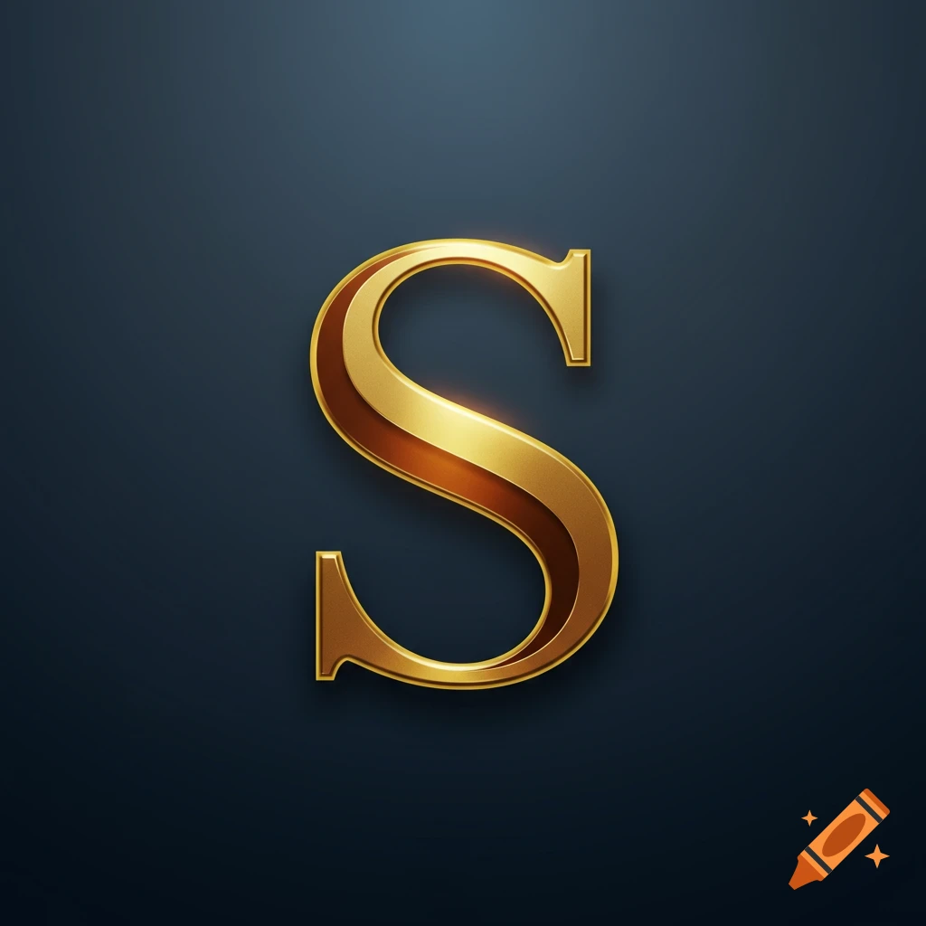 A stylized, metallic gold letter S with shadows and highlights on a dark blue background.