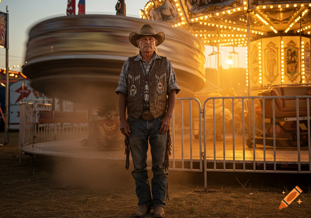 A rugged man in a cowboy hat and decorated vest stands at a carnival at sunset, with spinning rides and bright lights in the background.