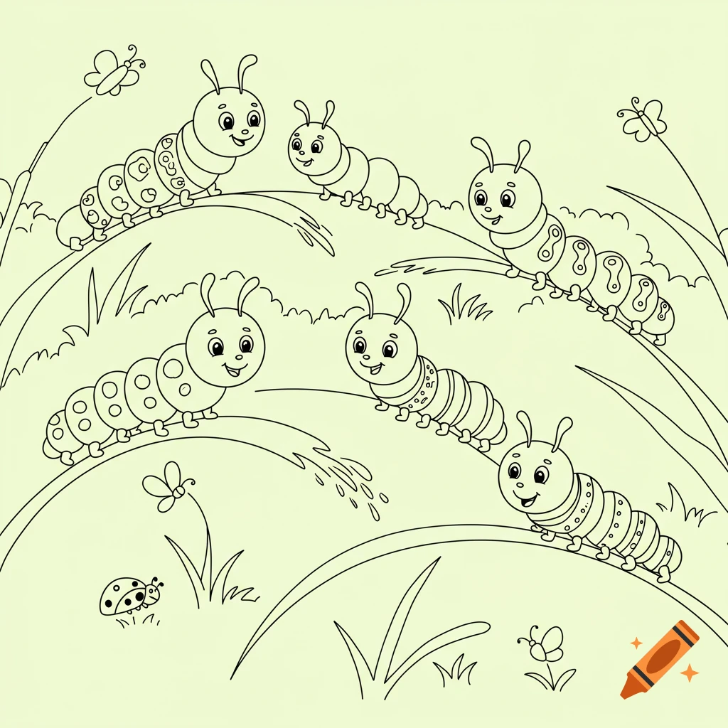A black and white line drawing for a coloring book, featuring six smiling cartoon caterpillars on blades of grass, with a ladybug and butterflies.