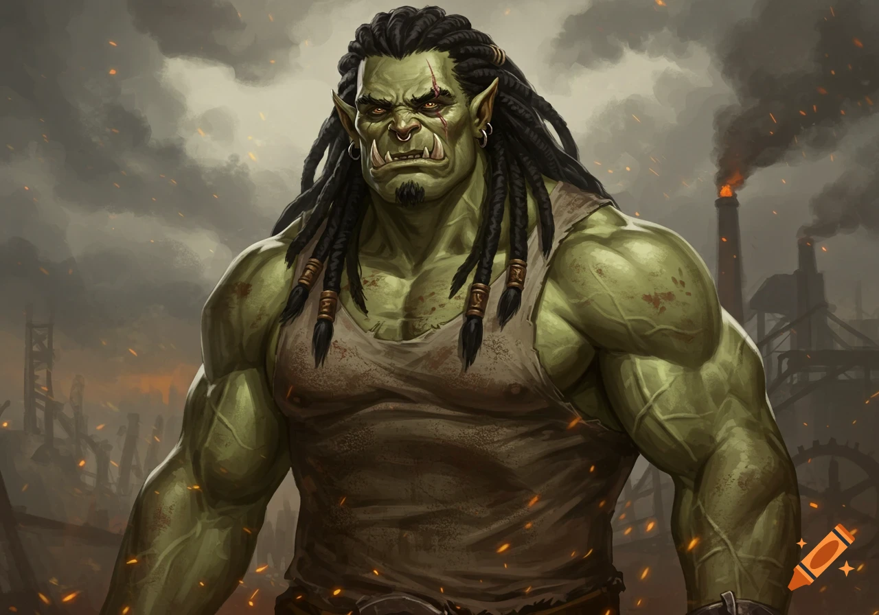 A muscular half-orc with pale green skin, dreadlocks, and tusks wears a dirty sleeveless shirt against a smoky industrial backdrop.