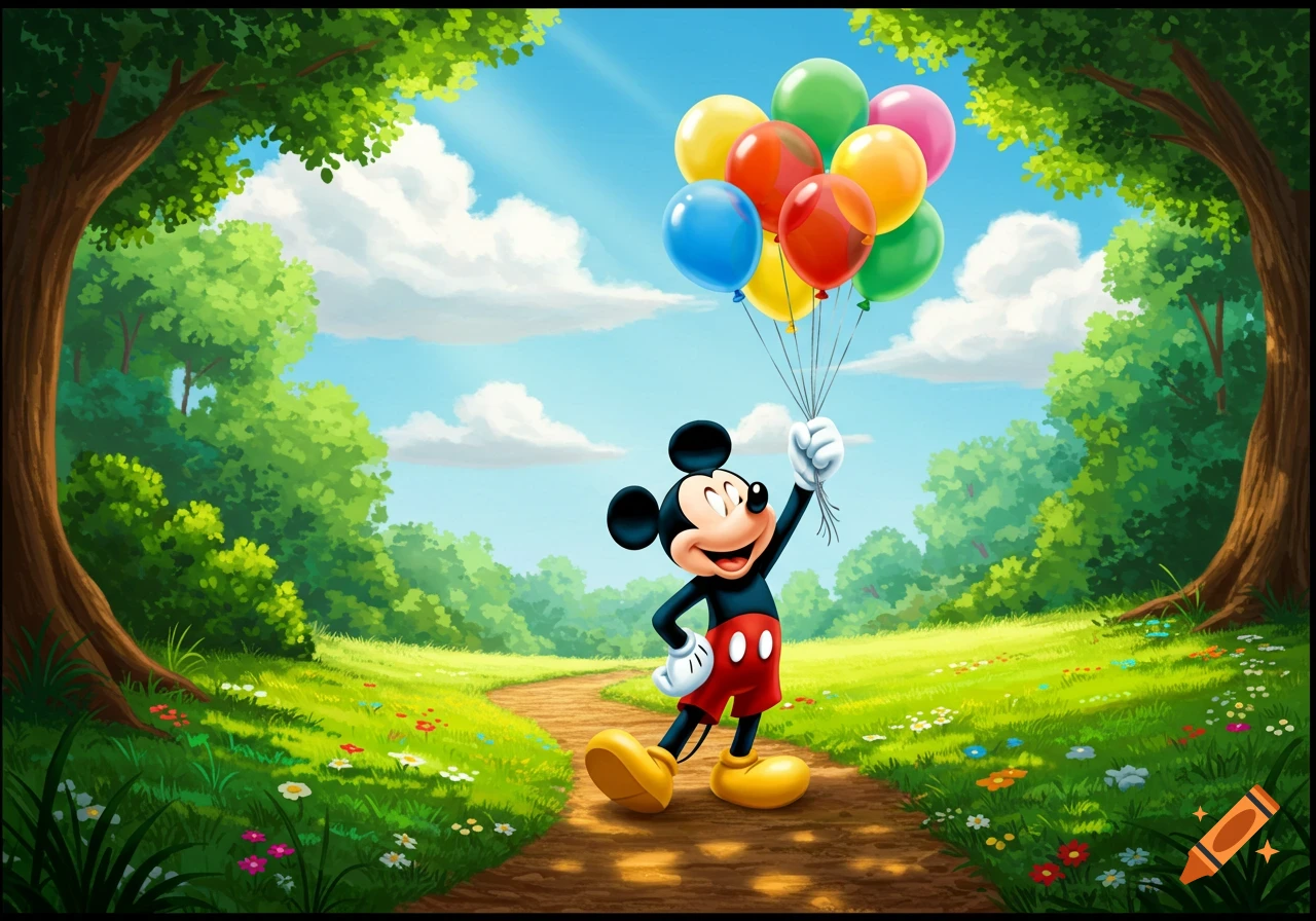 Mickey Mouse stands on a path in a vibrant green forest, holding a bunch of colorful balloons under a blue sky.