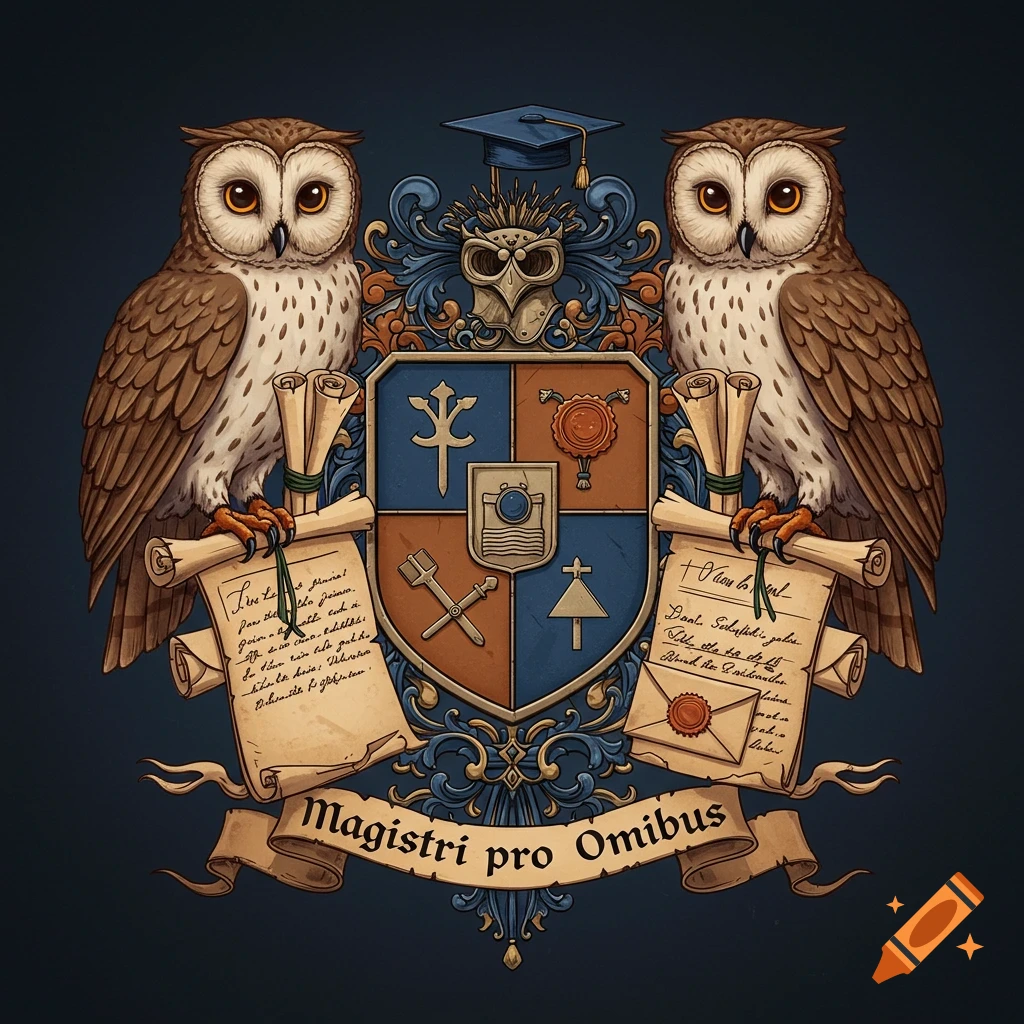 A heraldic crest featuring two brown and white owls holding scrolls, flanking a blue and orange shield with various symbols. Below them, a banner reads "Magistri pro Omnibus". A graduation cap sits atop the crest.