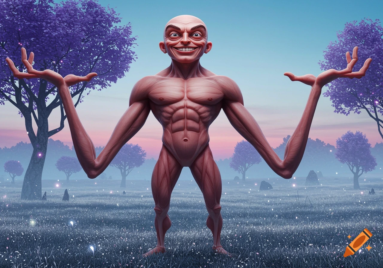 A bald, muscular, pale-skinned figure with long arms and short legs stands in a field of purple trees, smiling smugly.
