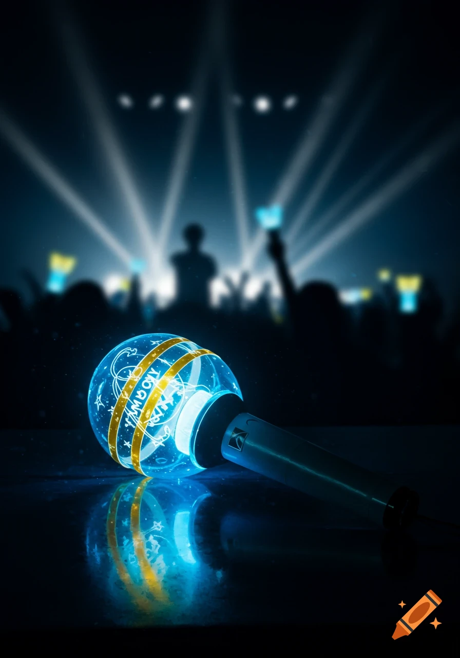 A glowing baby blue and gold light stick lies on a reflective surface with a blurred concert crowd and stage lights in the background.