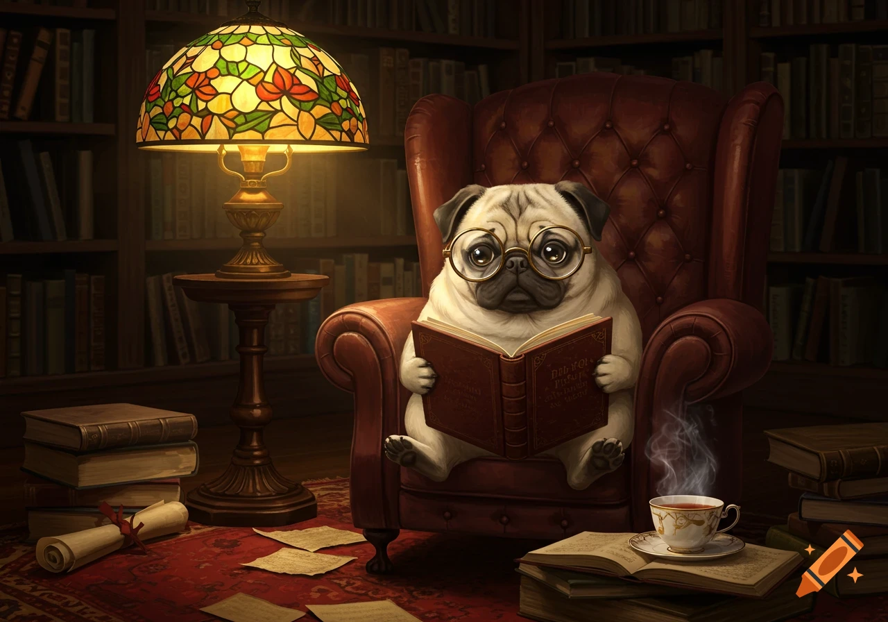 A cute pug wearing glasses sits in a large armchair, reading a book under the warm glow of a stained-glass lamp in a cozy library.