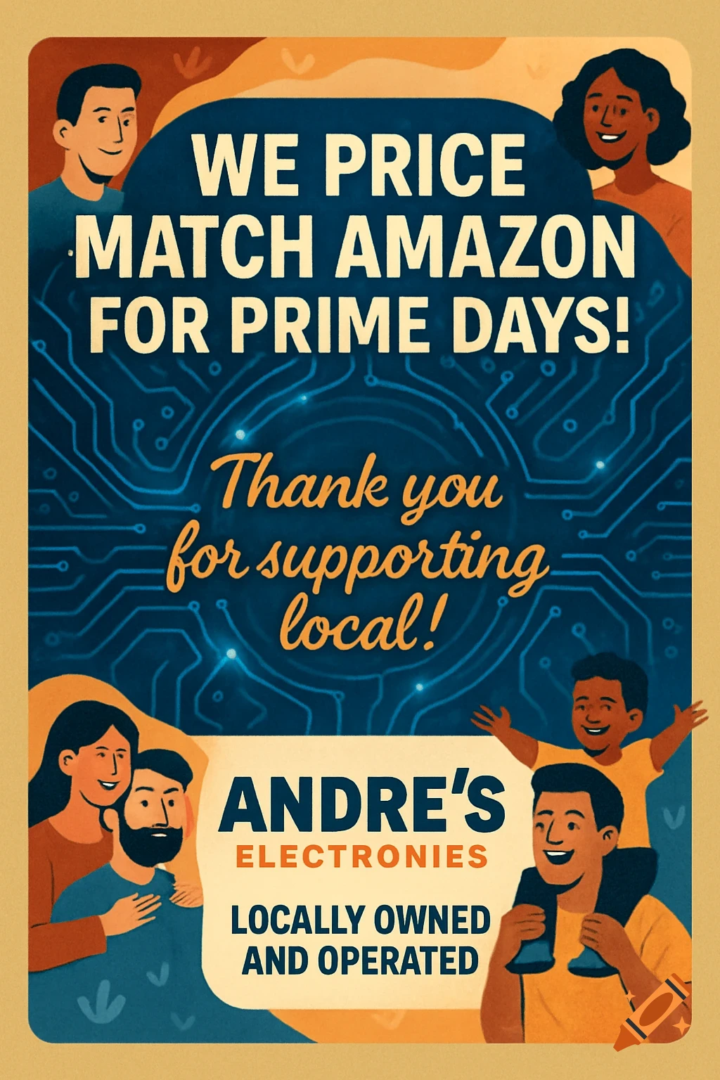 Retro-style promotional poster for Andre's Electronics, showing diverse people and text about price matching Amazon and supporting local business.