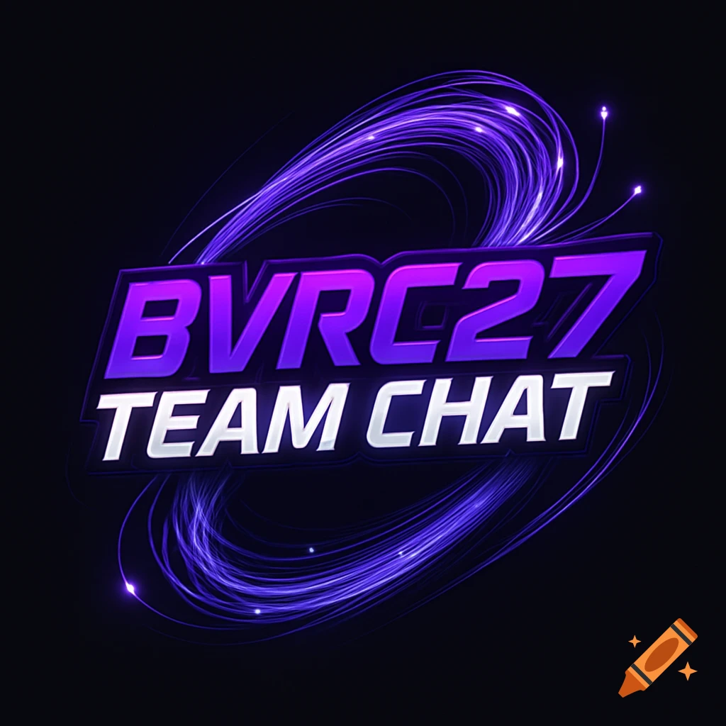 A dark purple and white logo featuring the text "BVRC27 TEAM CHAT" with glowing purple fiber optic trails swirling around it.