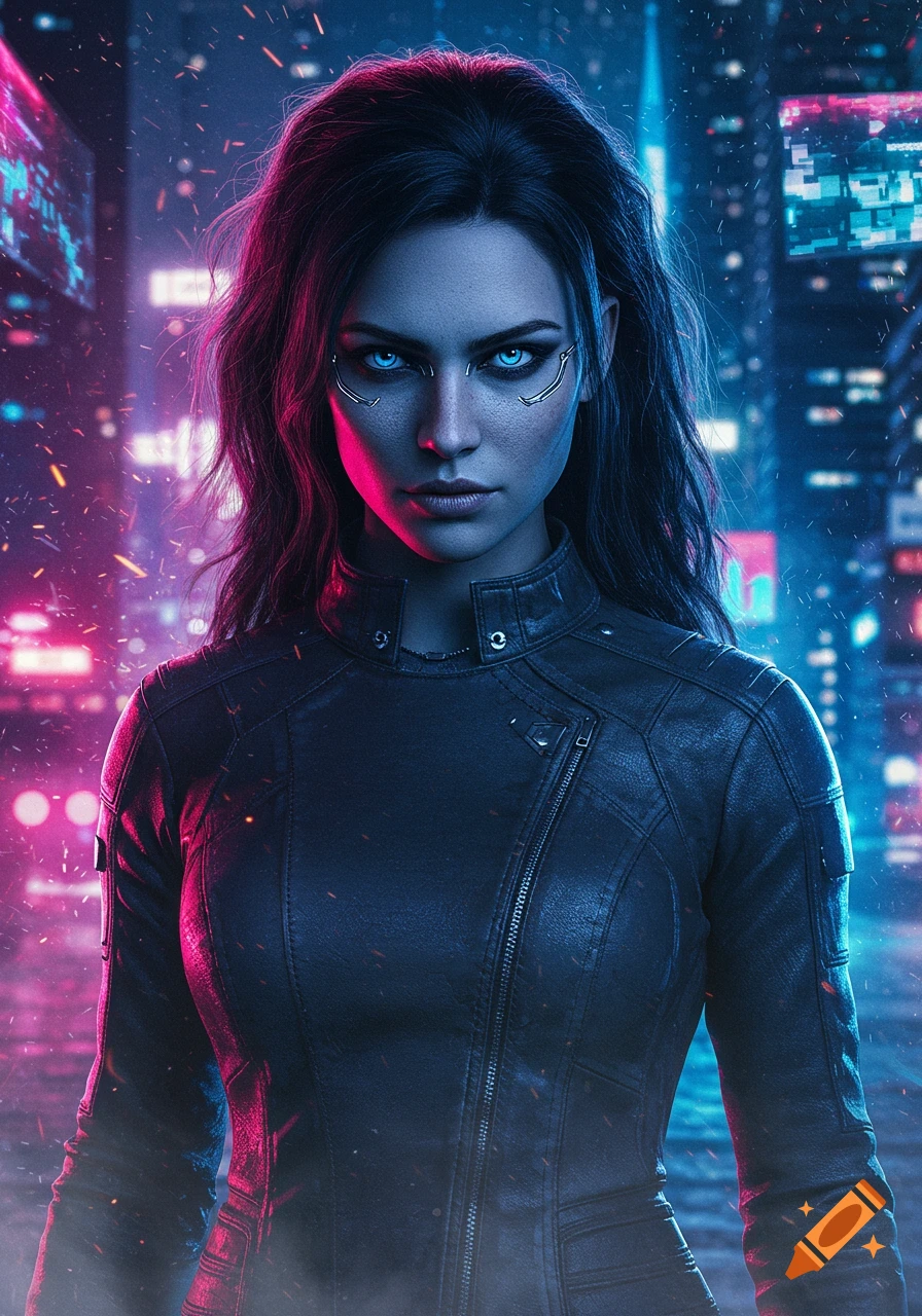 A photorealistic portrait of a woman with glowing blue eyes and metallic face implants, wearing a black leather jacket against a neon cyberpunk city background.