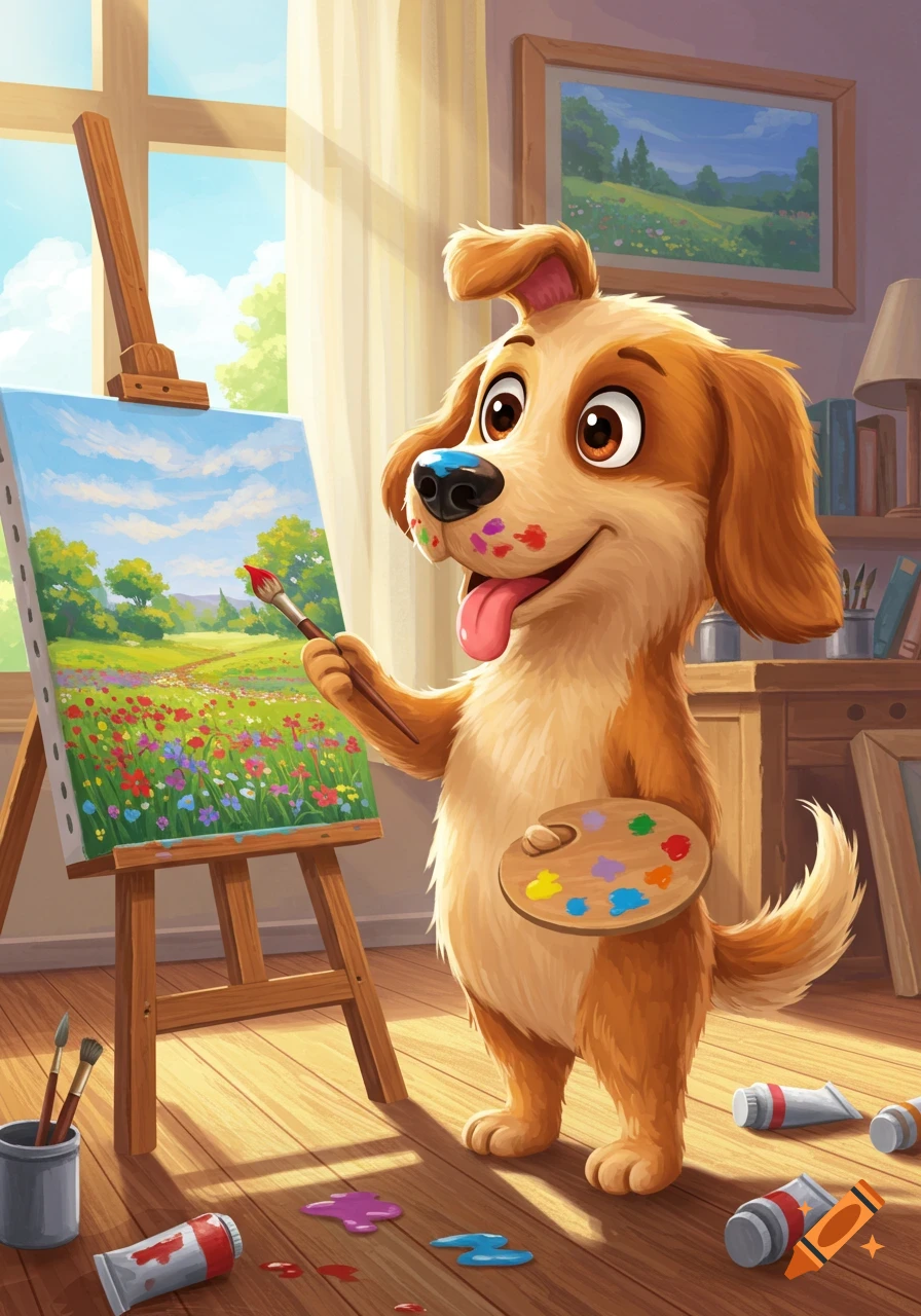 A cute cartoon dog stands in a bright room, painting a colorful landscape on an easel, with paint on its face and spilled on the floor.