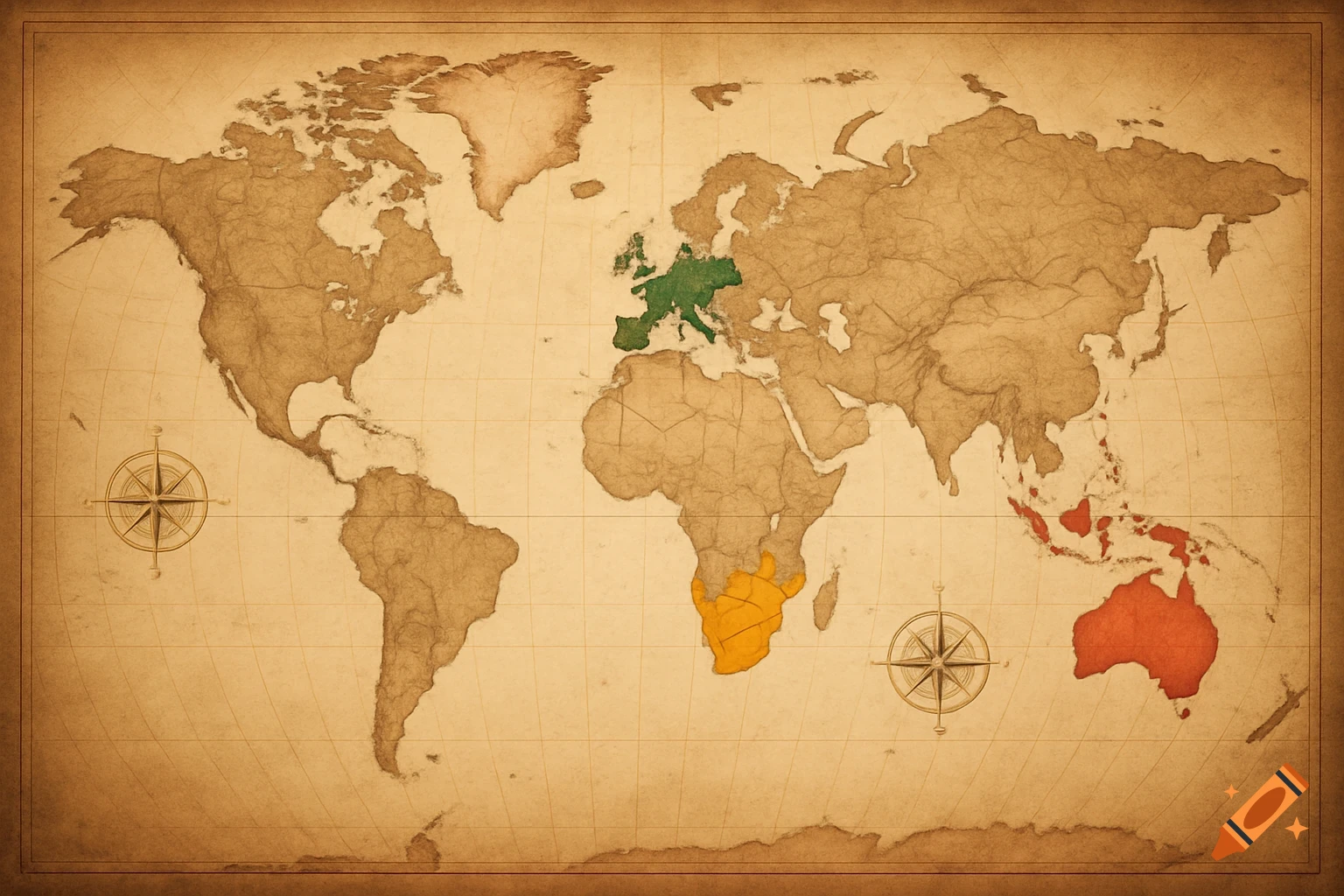 An old world map with a sepia tone, showing continents in a detailed, textured style. Europe is highlighted in green, Southern Africa in orange, and Australia and parts of Southeast Asia in red. Two compass roses are visible.