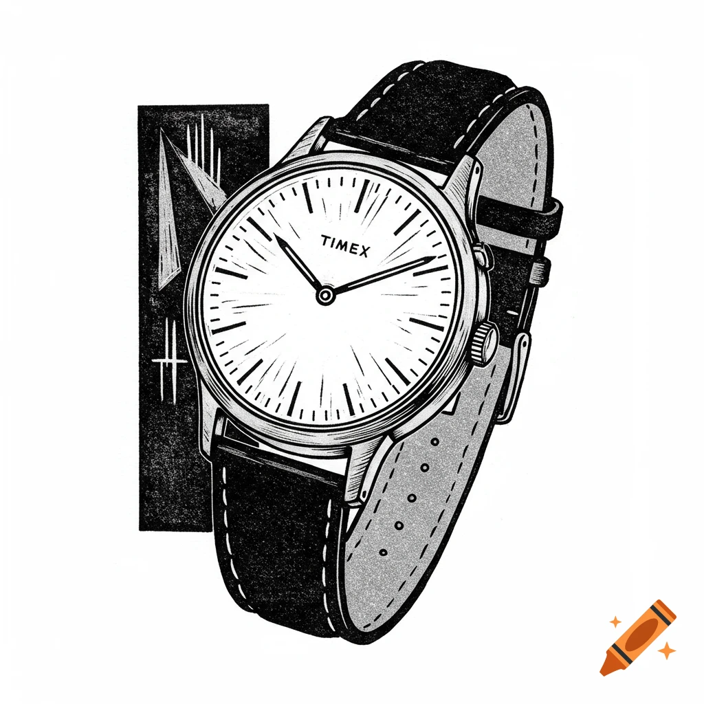 A black and white linocut illustration of a Timex wristwatch with a leather strap.