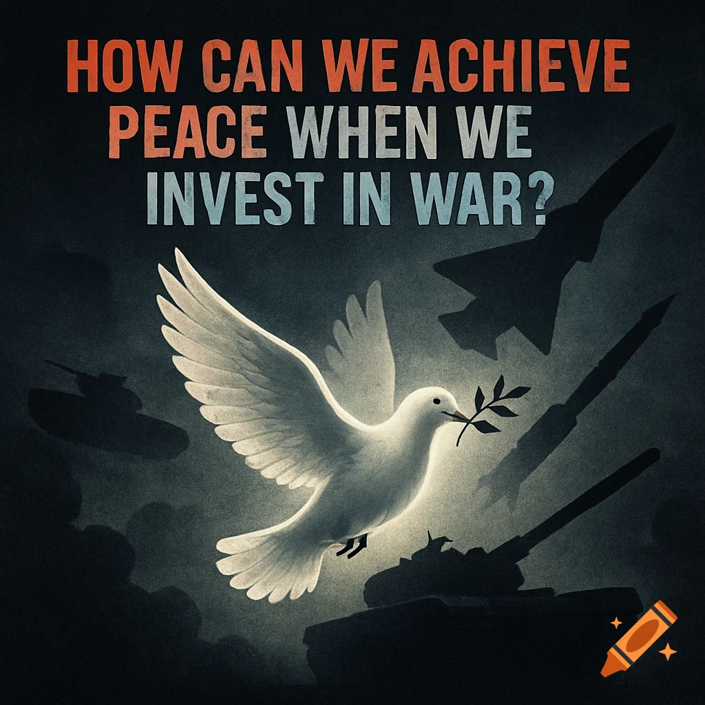 A white dove with an olive branch flies above dark silhouettes of tanks, a fighter jet, and a missile. Text reads: HOW CAN WE ACHIEVE PEACE WHEN WE INVEST IN WAR?