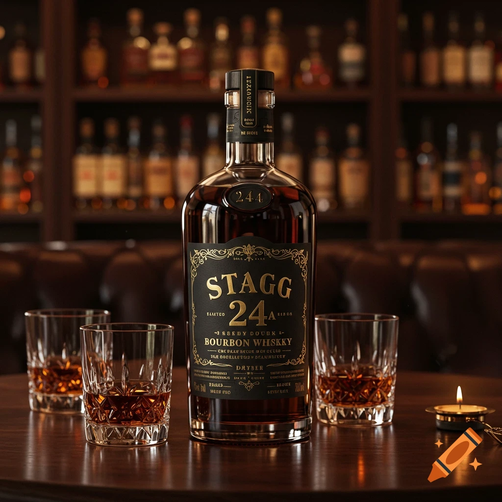 A dark amber whiskey bottle with a black and gold label, two glasses of whiskey, and a lit candle on a wooden table in a dimly lit bar.