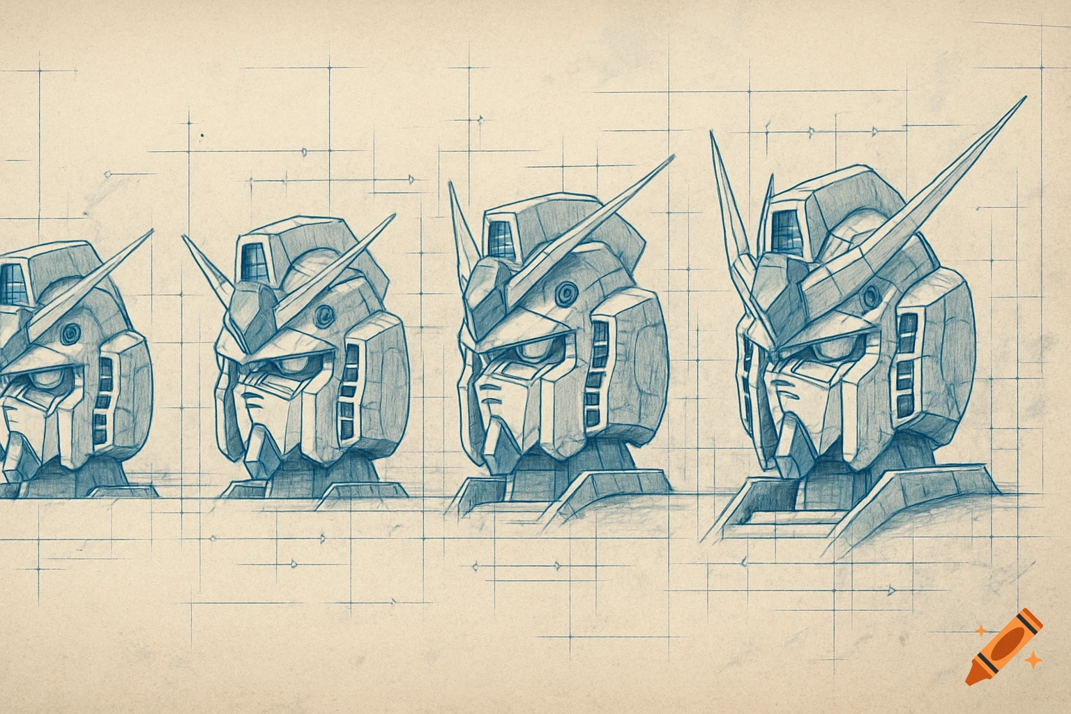 Blueprint-style drawings of four Gundam robot heads on a grid background.