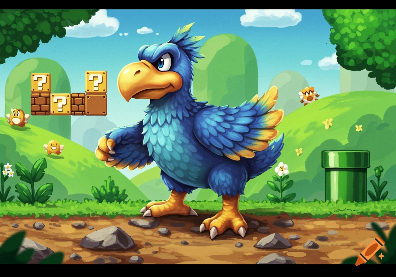 A cartoon blue bird-like creature, Conkdor, stands in a Super Mario Bros. landscape with question blocks, green pipes, and Goombas.